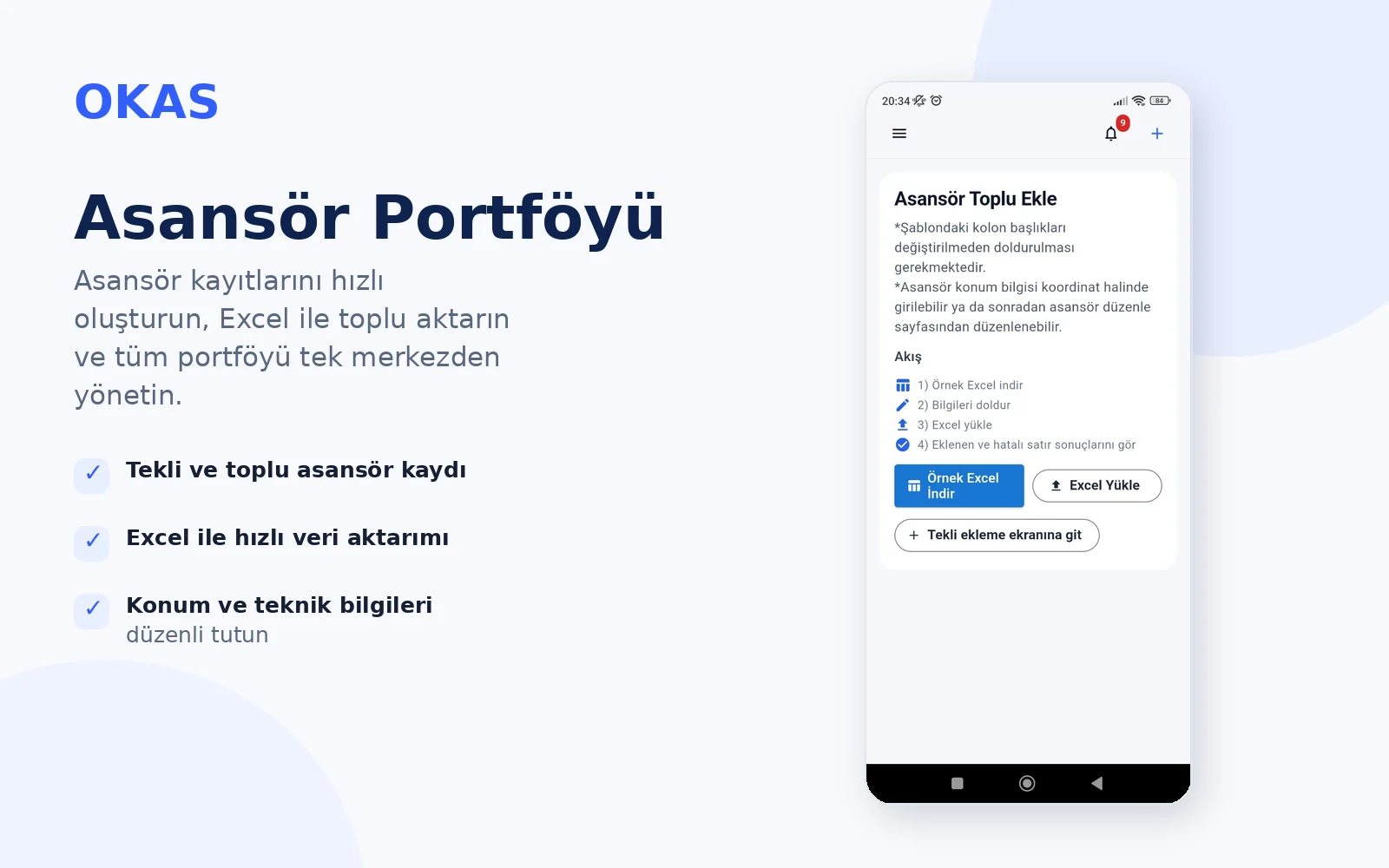 OKAS asansör listesi ve portföy ekranı