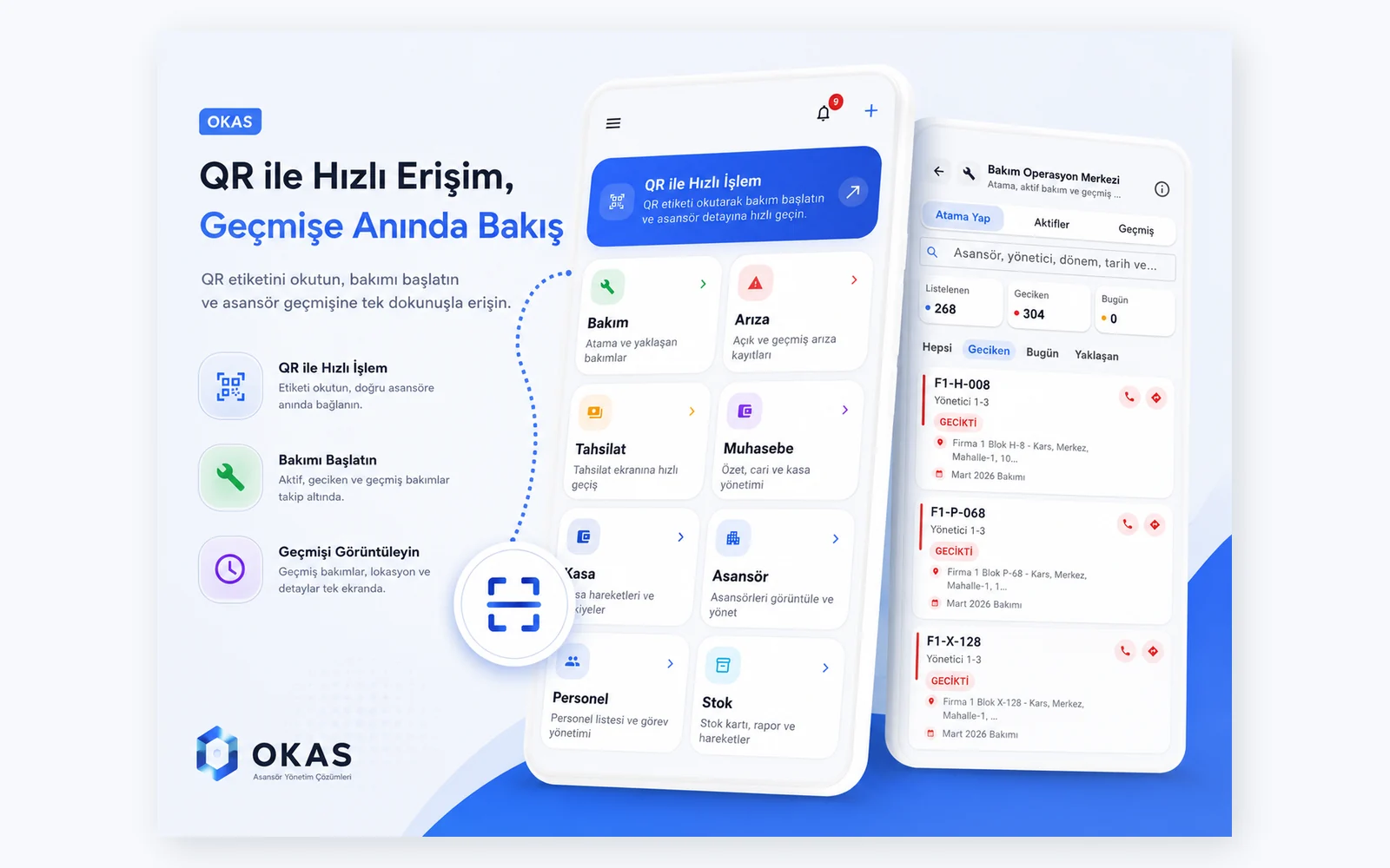 OKAS QR kodlu asansör geçmişi ekranı